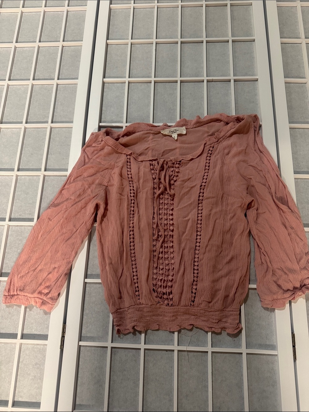 Dusty Rose Crochet-Trim Cold Shoulder Boho Blouse